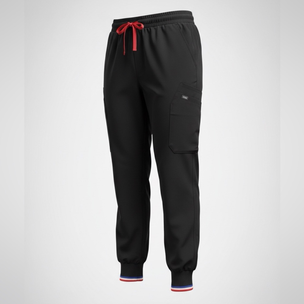 NWT $49.00 Mediclo Brand - Black Scrub Pants, Red + White Accent, Men's size M